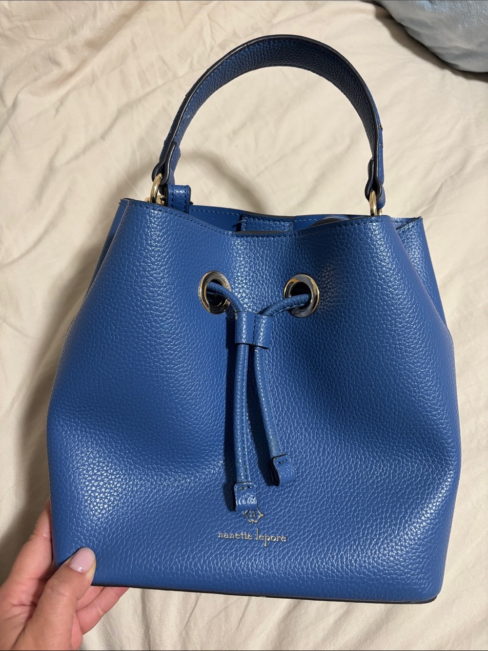 Nanette Lepore Royal Blue Pebbled Leather Drawstring Bucket Bag
